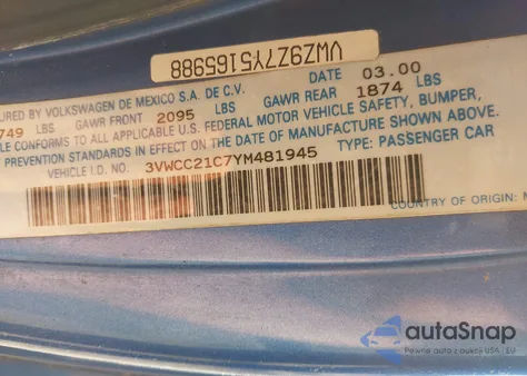 2000 Volkswagen New Beetle Gls z USA, uszkodzony, nr VIN 3VWCC21C7YM481945